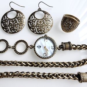 Premier Designs jewelry bundle. Antique matte brass watch, earrings, and ring.